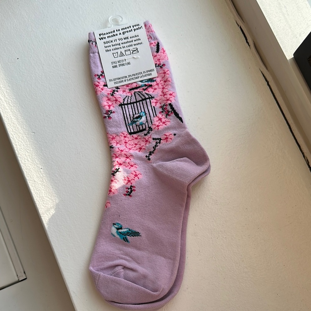 Sock it to me Pink and Purple Bird Pattern Crew Socks - Picture 2 of 7